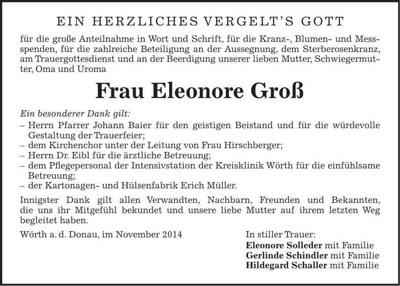 Traueranzeige Eleonore Groß