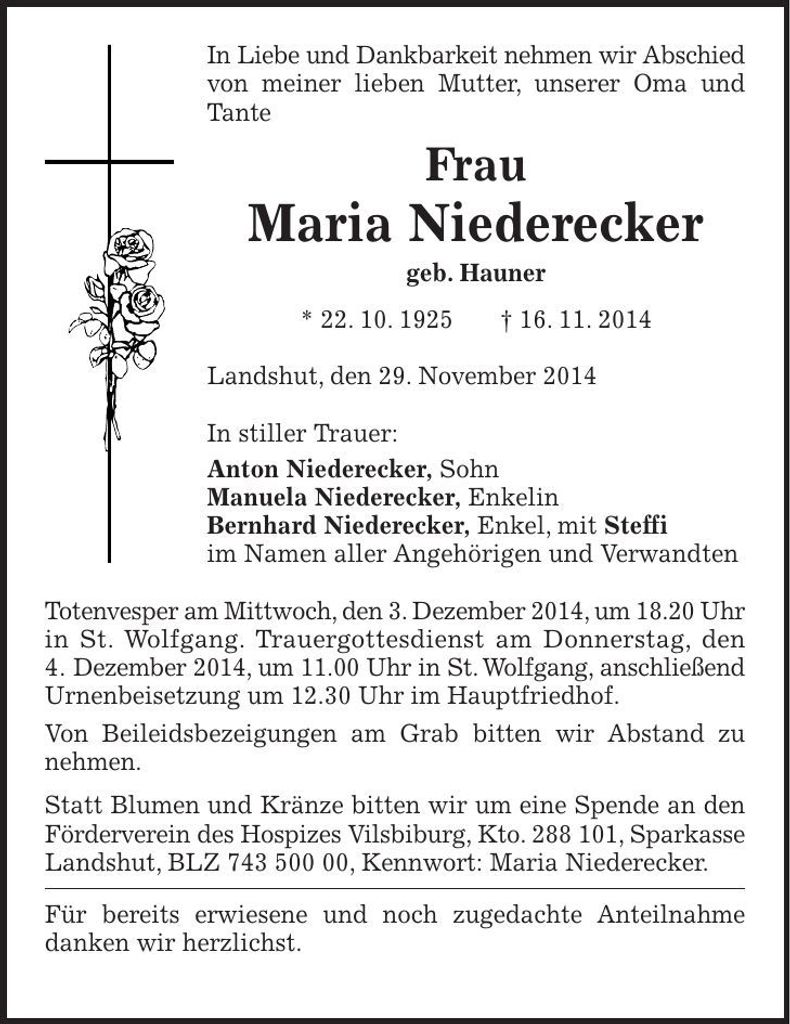 Traueranzeige Maria Niederecker