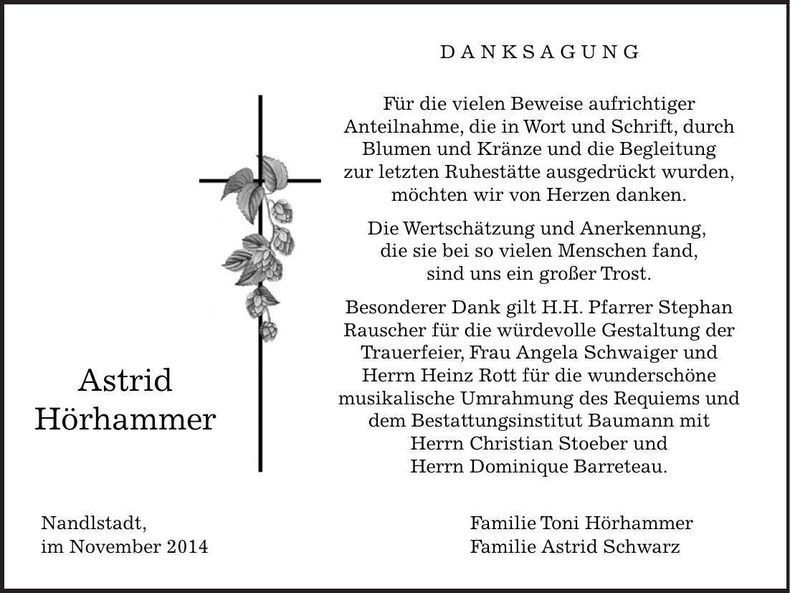 Traueranzeige Astrid Hörhammer