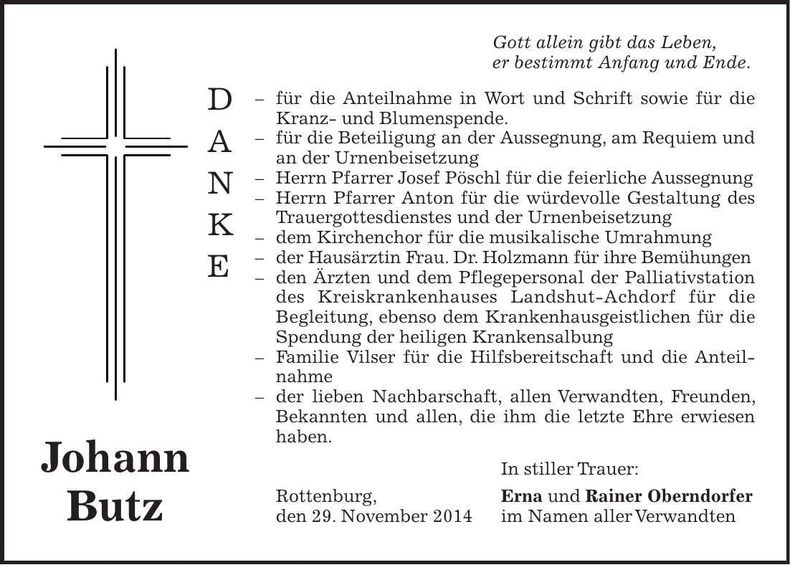 Traueranzeige Johann Butz