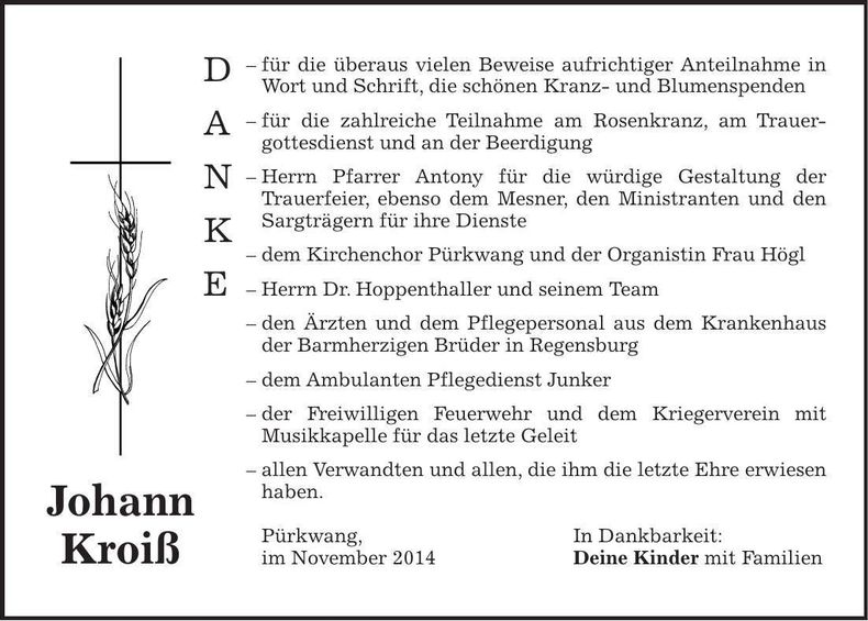 Traueranzeige Johann Kroiß