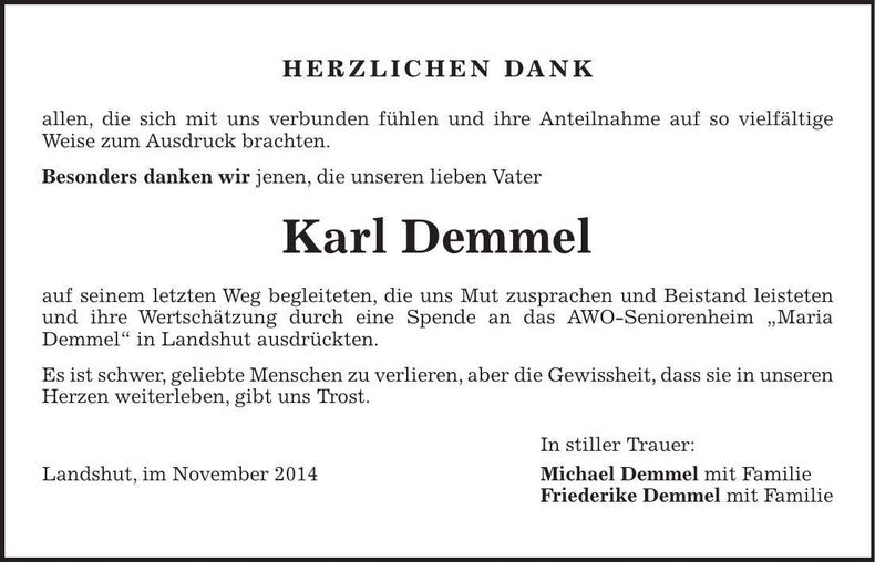 Traueranzeige Karl Demmel