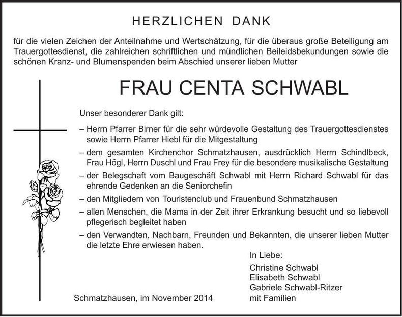 Traueranzeige Centa Schwabl
