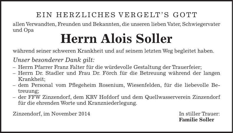 Traueranzeige Alois Soller