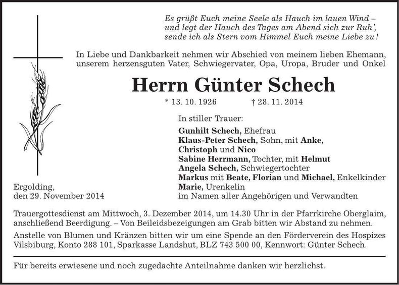Traueranzeige Günter Schech