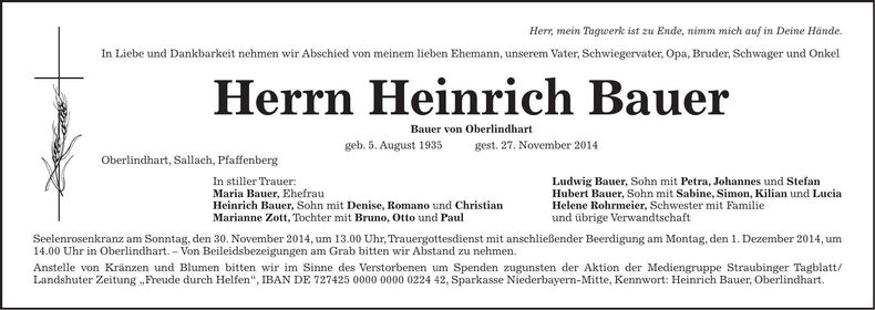 Traueranzeige Heinrich Bauer