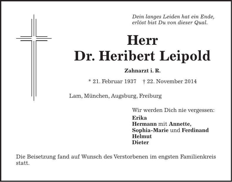 Traueranzeige Heribert Dr. Leipold