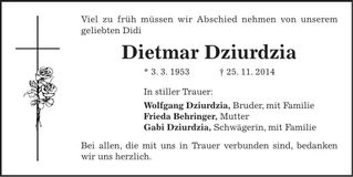 Traueranzeige Dietmar Dziurdzia