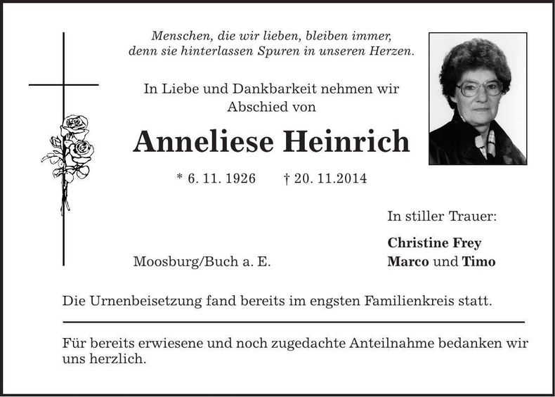 Traueranzeige Anneliese Heinrich
