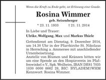 Traueranzeige Rosina Wimmer