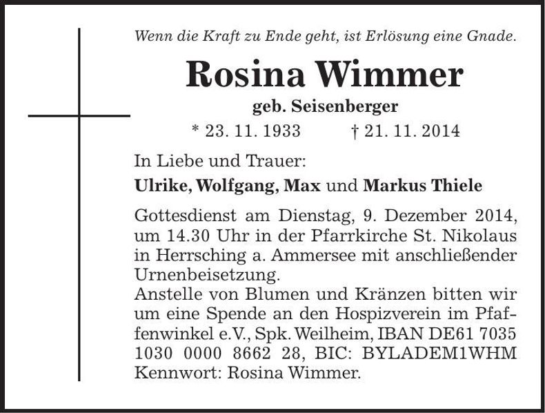 Traueranzeige Rosina Wimmer