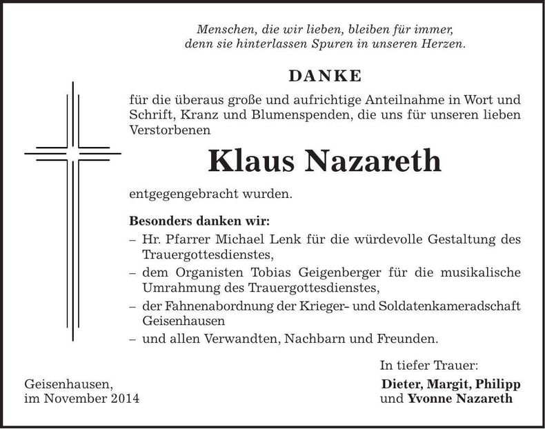 Traueranzeige Klaus Nazareth