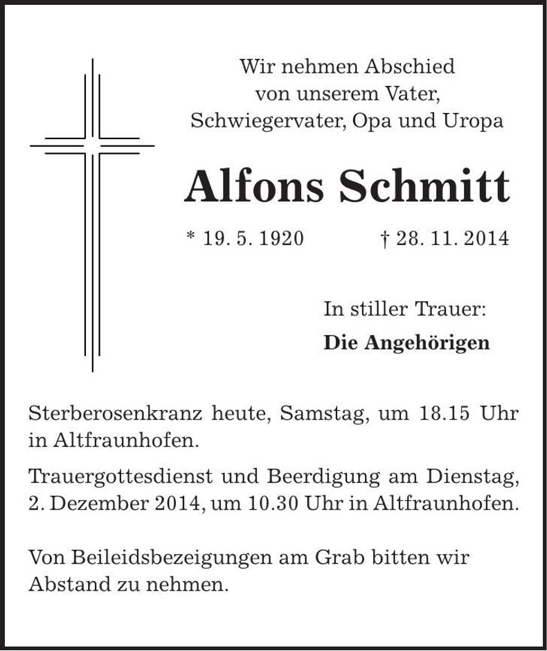 Traueranzeige Alfons Schmitt