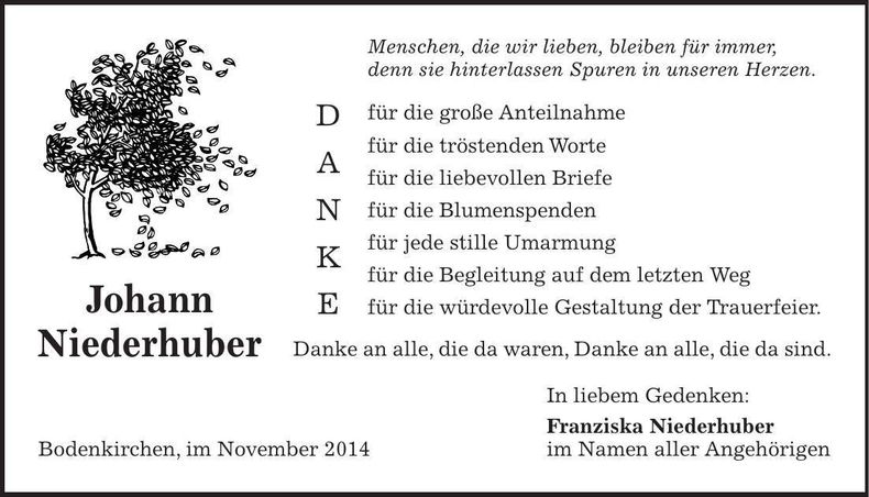 Traueranzeige Johann Niederhuber