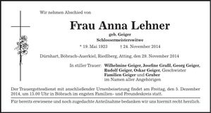 Traueranzeige Anna Lehner
