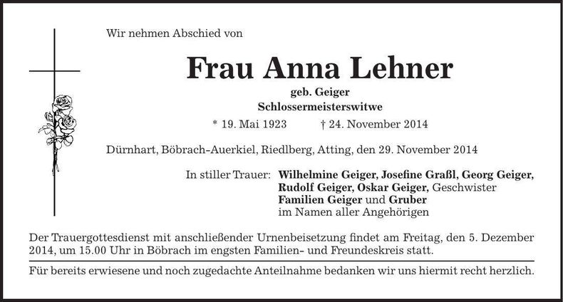 Traueranzeige Anna Lehner