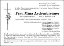 Traueranzeige Mina Aschenbrenner