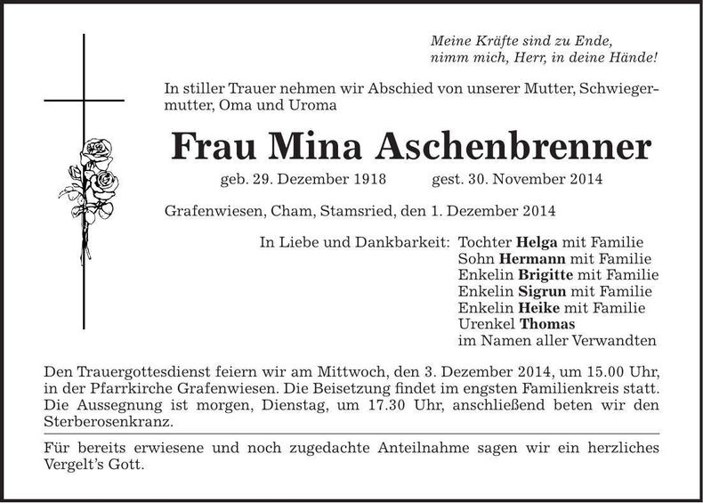 Traueranzeige Mina Aschenbrenner
