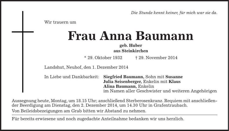 Traueranzeige Anna Baumann