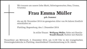 Traueranzeige Emma Müller