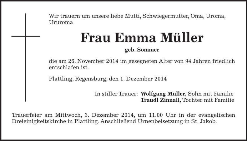 Traueranzeige Emma Müller