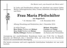 Traueranzeige Maria Pfeilschifter