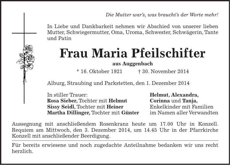 Traueranzeige Maria Pfeilschifter
