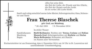 Traueranzeige Therese Blaschek