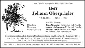 Traueranzeige Johann Oberprieler