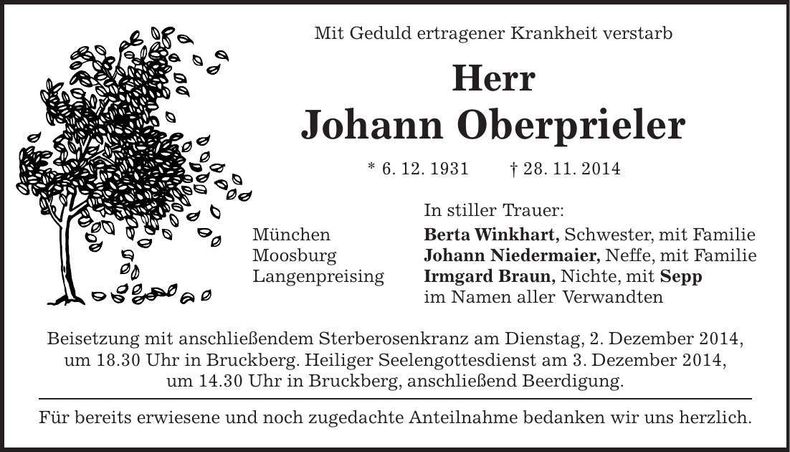 Traueranzeige Johann Oberprieler
