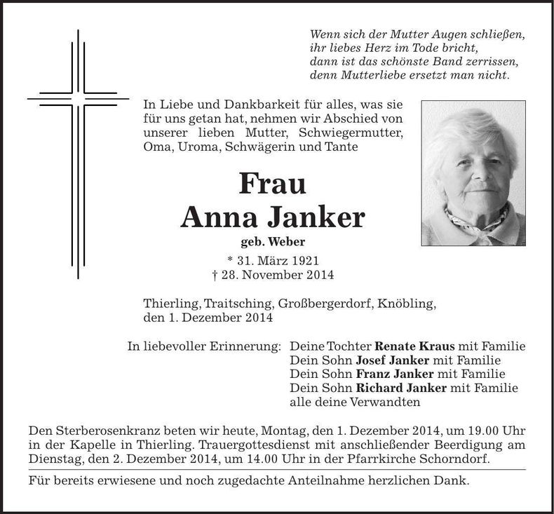 Traueranzeige Anna Janker