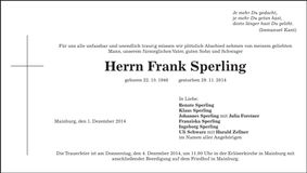 Traueranzeige Frank Sperling