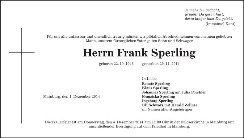 Traueranzeige Frank Sperling
