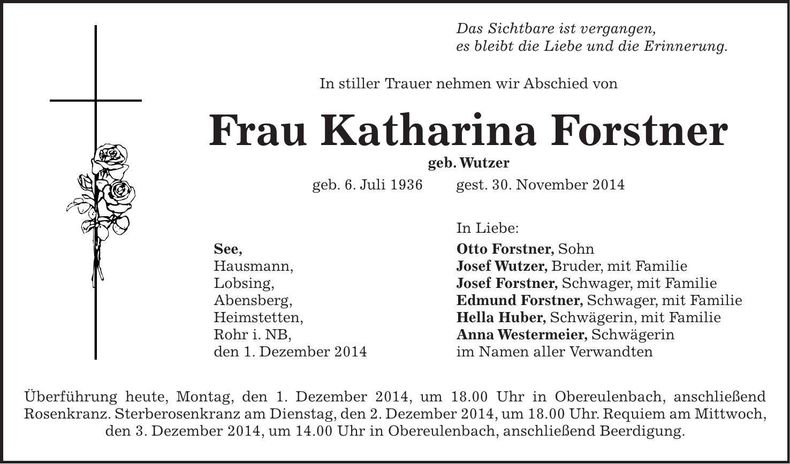 Traueranzeige Katharina Forstner