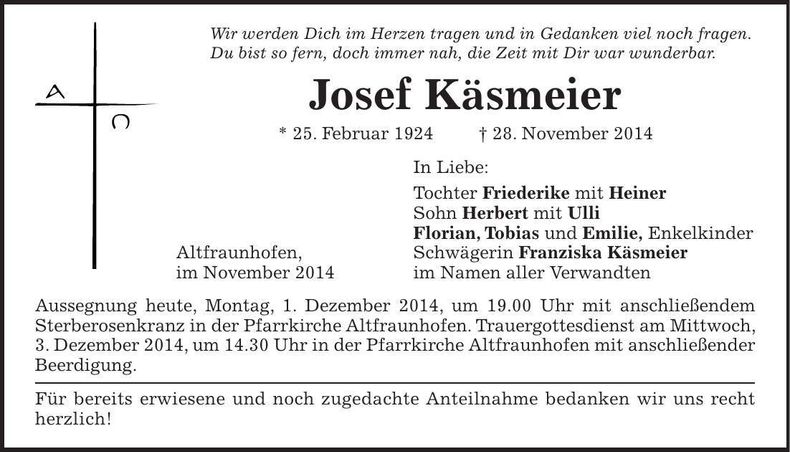 Traueranzeige Josef Käsmeier