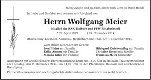 Traueranzeige Wolfgang Meier