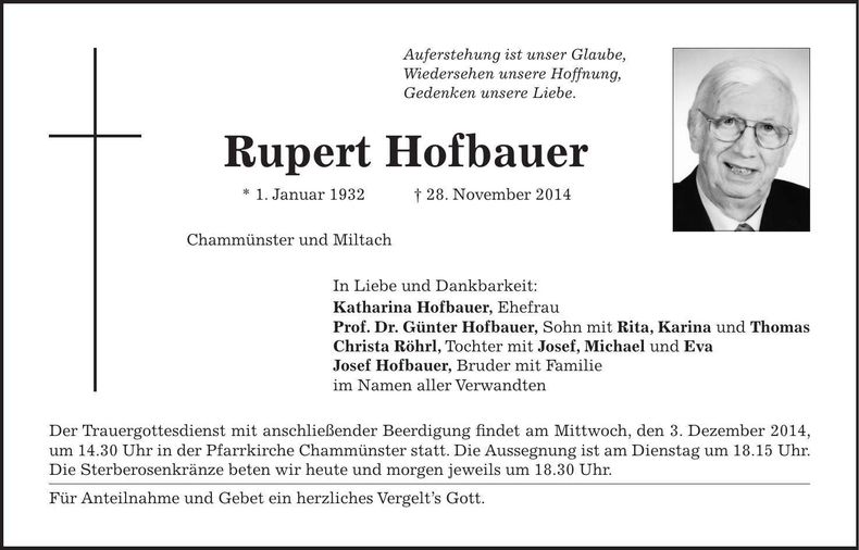 Traueranzeige Rupert Hofbauer
