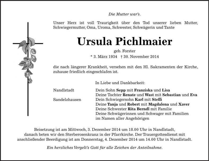 Traueranzeige Ursula Pichlmaier