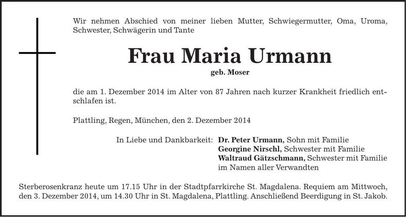 Traueranzeige Maria Urmann