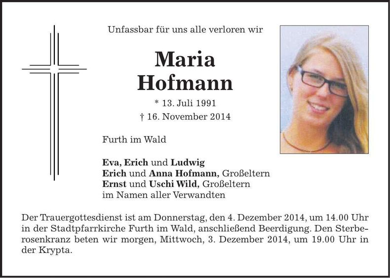 Traueranzeige Maria Hofmann