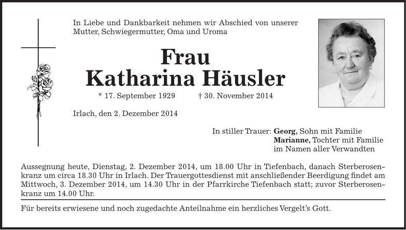 Traueranzeige Katharina Häusler