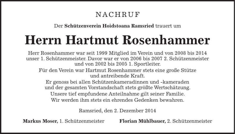 Traueranzeige Hartmut Rosenhammer