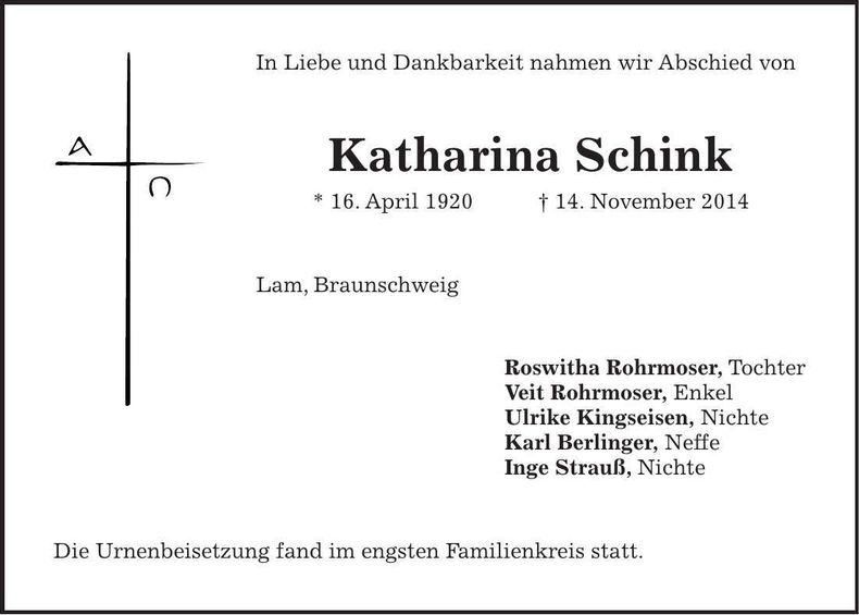 Traueranzeige Katharina Schink
