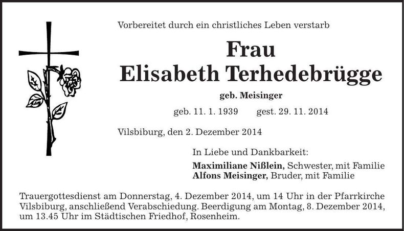 Traueranzeige Elisabeth Terhedebrügge