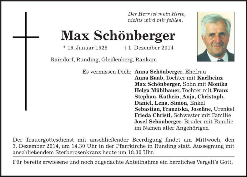 Traueranzeige Max Schönberger