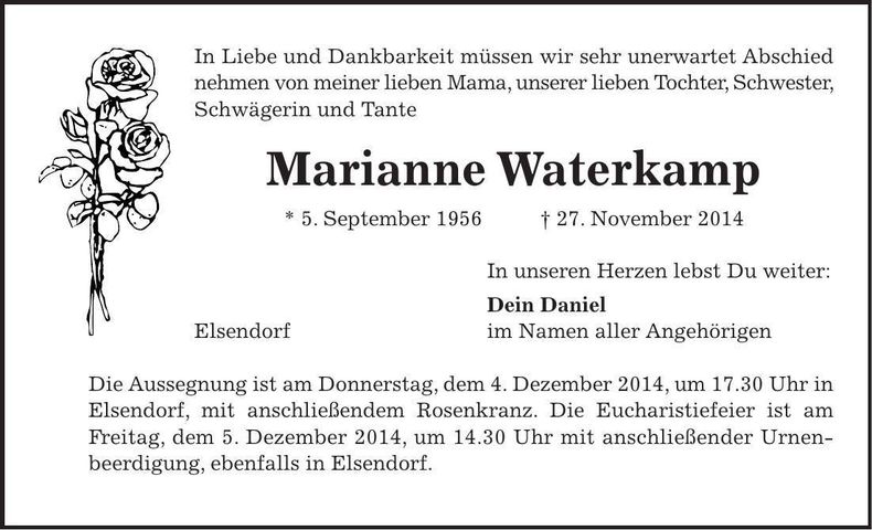 Traueranzeige Marianne Waterkamp