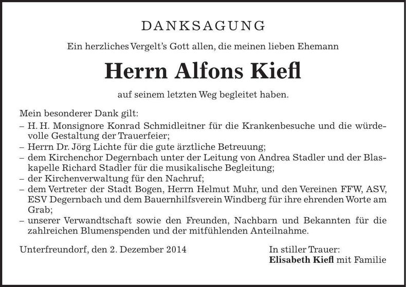 Traueranzeige Alfons Kiefl