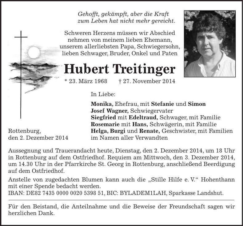 Traueranzeige Hubert Treitinger