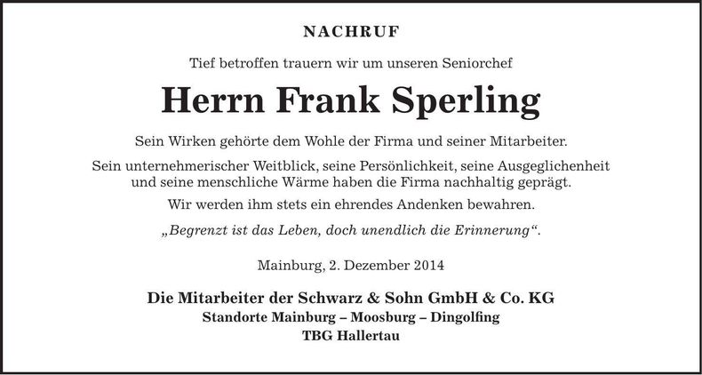 Traueranzeige Frank Sperling