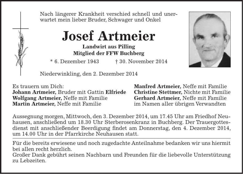 Traueranzeige Josef Artmeier